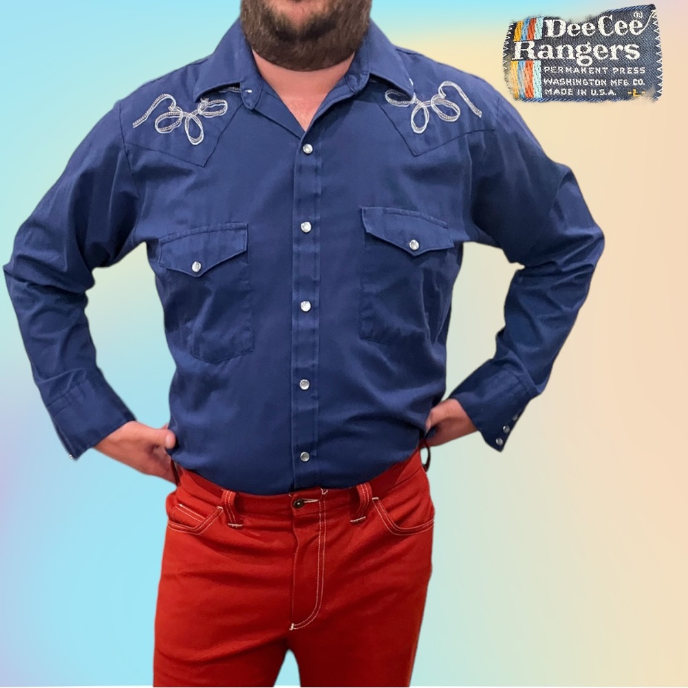 VTG 70’s/80’s Blue Longsleeve Snap button embroidered DeeCee Rangers Shirt LG